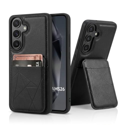 Image of amazon basics Premium Vegan Leather Back Cover with Card Holder and Integrated Mobile Stand for Samsung Galaxy S26 5G - Slim Shockproof Wallet Case with Geometric Stitching [Black]