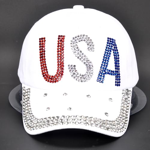 Image of Bling Rhinestone Hats, USA Design Men Womens Baseball Cap Golf Hat Jeans Wash Denim Adjustable (White)