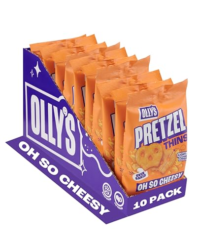 Ollys Pretzel Thins Oh So Cheesy 35g (Pack of 10) Handy Snack Pouches Healthy Plant-Based Vegan Snacks for Dipping Low Calorie Snacks Low Fat Source of Fibre No Preservatives