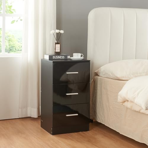 [en.casa] Mesilla de Noche con Amplio Espacio de Almacenamiento Mesa Auxiliar con 3 Cajones Mesita de Noche Dormitorio Diseño Atractivo Aglomerado 66x37x35 cm - Negro Alto Brillo