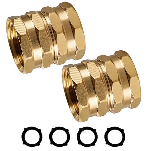 Hourleey Brass Garden Hose Adapter 2 Pack 3/4 Inch Heavy Duty Solid Brass Female to Female Hose Connector Garden Hose Repair Fittings with 4 Extra Washers Leak-Proof Double Female Coupler