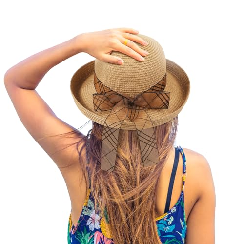 Chapéus de palha de sol de praia para mulheres, FPS 50+ proteção solar UV, aba larga, chapéu de palh