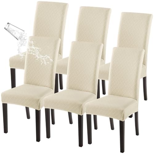 Image of SearchI Waterproof Dining Room Chair Covers Set of 6, Stretch Jacquard Parsons Chair Slipcovers Removable Washable Kitchen Chair Protector for Dining Room, Hotel, Banquet(Beige Rhombus)