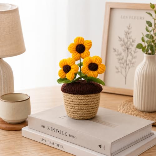 Image of Akaar Decor's Handcrafted Yellow Crochet Flower with Pot | Artificial Flowers for Home | Birthday | Anniversary | Housewarming Gifts | 100% Handmade Yarn Flower Decor