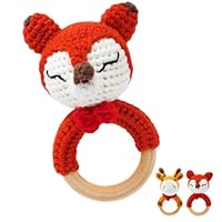 Joylife Animals Wooden Baby Rattle, Handcrafted Crochet Rattles with Wooden Teething Ring, Newborn Toy Stuffed Animal Organic Rattle Baby Announcement Ideas Props Red Fox