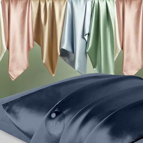 Image of Silk Pillow Cases 2 Pack, Mulberry Silk Pillowcases Standard Set of 2, Smooth, Anti Acne, Both Sides Natural Silk Satin Pillow Cases for Sleeping Women 2 Pack with Zipper, Mood Indigo