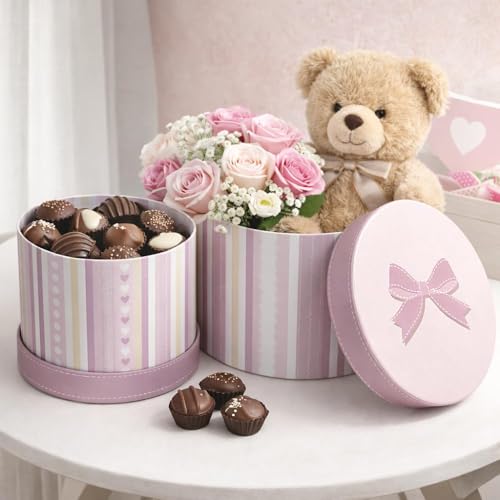 Image of Oasis Pack of 2 Flower Hamper Boxes With Lid | Classic Bouquet Box for Flower Arrangements & Gift Hampers | Decorative Gift Packaging Box With Waterproof Liner - Lavender Heart Stripe
