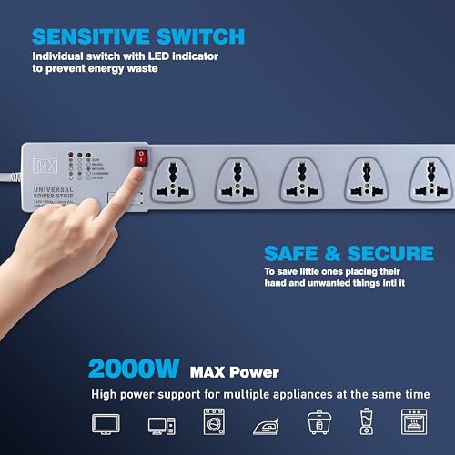 Image of MX 6 Outlet Power Strip with Universal Socket 5m Extension Cord International Sockets Master Switch with Multi-Plug Socket Extension Board for Home & Office -5 Amp