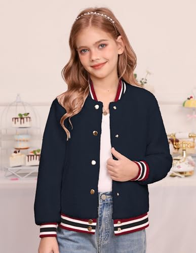 GRACE KARIN Girls Fleece Jacket Button Down Varsity Coat Fall Winter Baseball Outwear Clothes with Pocket for 7-14Y2