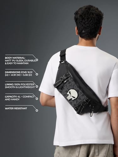 Image of The Souled Store Marvel Punisher Utility Gear Fanny Pack Crossbody Sling Bag 4L Spacious Durable PU with Adjustable Strap Travel Daily Use Waist Bag for Men and Women