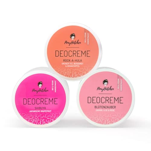 PonyHütchen - Deocreme Sparset 3x50 ml - Feste Deocreme vegan, ohne Aluminiumsalze & Tierversuche - Unisex Antitranspirant Naturkosmetik handgemacht mit Bio-Zutaten - Ideal für Handgepäck