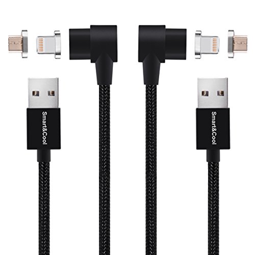 Smart&Cool Gen4 L-Shaped Nylon Braided Magnetic 2 in 1 Charging & Data Sync Cable Compatible with Phones and Tablets with Micro-USB and i-Product Interface (5 feet Black Twin-Pack)