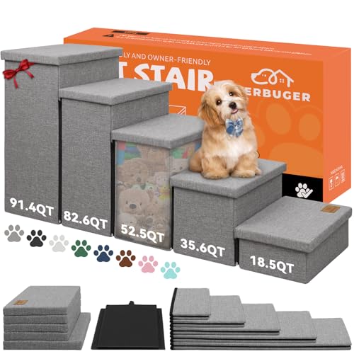 Image of Zerbuger Dog Stairs for High Beds, Folding Pet Stairs Gift for Dogs Puppy with Storage for Bed Couch, Cat Dog Ramp Hold Up to 200 lbs (Gray, 5 Steps No Condo(49 inch D x 17 inch W x 26 inch H))