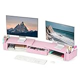 Spacrea Metal Desk Organizers and Accessories, Dual Monitor Stand Riser with Drawer and 2 Pen Holders, Desk Accessories & Workspace Desktop Organizers for Office Supplies (Pink)