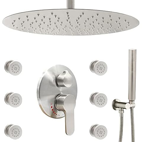 Backnets Rain Shower System Round Body Jets 16 Inch Ceiling Mounted Rainfall Shower Head System with Dual Functions Handheld Complete Shower Faucet Set (Brushed Nickel) Cover