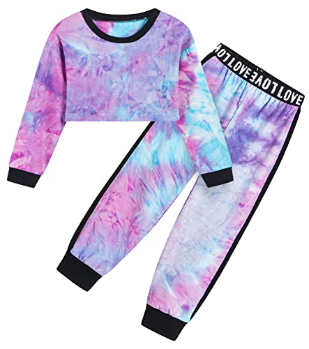Image of Betusline Little Girls 2 Piece Outfits, Trendy Cute Pullover Crop Tops + Activewear Sweatpants Cropped Sweatshirt Sweatsuit Clothes Set, Purple Tie Dye, 6-7 Years