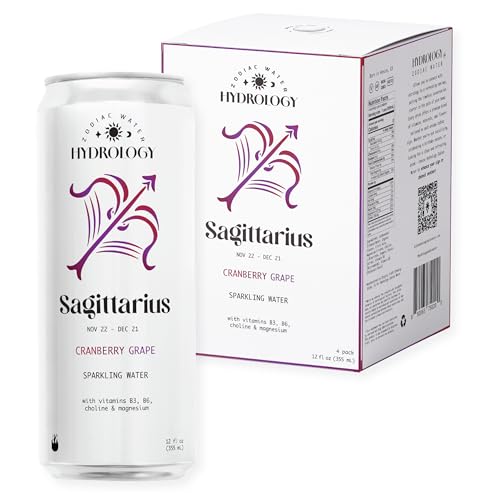 Hydrology Zodiac Water - Sagittarius Cranberry Grape - Organically Flavored Social Sparkling Water with unique Vitamins and Minerals tailored to the Sagittarius Zodiac Sign, Astrology Drink for Birthday Gift (4-Pack, Sagittarius - Cranberry Grape)