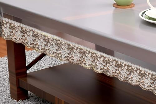 Image of The Furnishing Tree Rectangle Shaped Center Transparent Table Cover WxL 40x60 inches 0.25 mm Thickness with Golden Lace