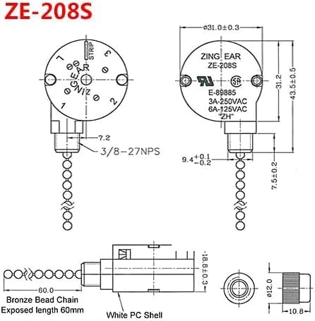 Miniatura 6 de Interruptor de ventilador de techo 2PS Zing Ear ZE-208s E89885 3 velocidades 4 hilos interruptor de cadena interruptor de luz de ventilador pieza de