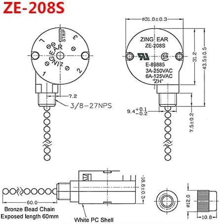 Image of 2PS Ceiling Fan Switch Zing Ear ZE-208s E89885 3 Speed 4 Wire Pull Chain Switch Fan Light Switch Replacement Part With 4 Pre-Installed Wires(Black Chain)