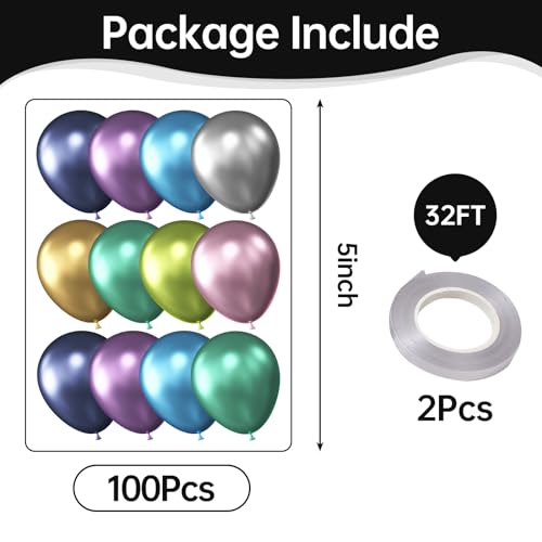 Image of KALOR Metallic Multicolor Balloons, 100 pcs 5 inch Thick Latex Chrome balloons for Balloon Garland Arch, Birthday Decoration, Wedding Party, Baby Shower Decorations