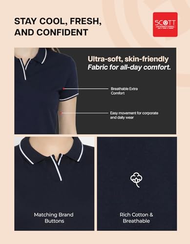 Image of Scott International Women's Cotton Polo T-Shirt | Half Sleeve Plain Collar Tee | Stylish Casual Top | Plain T-Shirt for Girls | Workwear for Office & Casual Wear