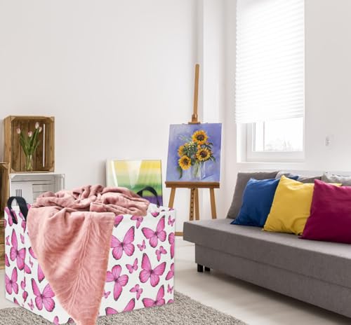 Image of Rectangular Butterfly Pink Kids Storage Basket - Baby Girl Basket Toy Storage Bin Organizer Box Rainbow Room Decor