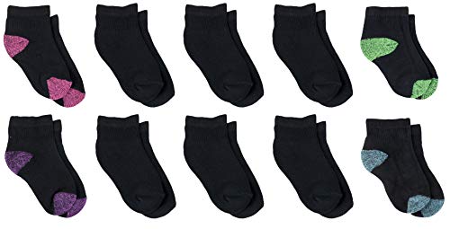Fruit of the Loom Girl's 10 Pack Ankle Socks, Black/Multi, Shoe Size 6-10.5