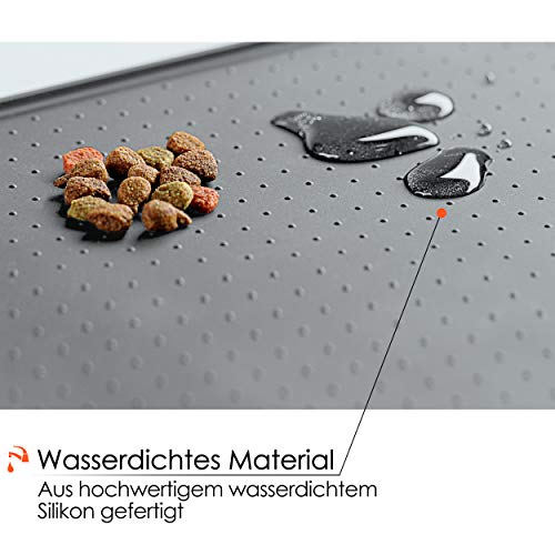 PetCareson Napfunterlage Hund, Katzen inkl. Überwurfdecke I Hochwertige wasserdichte u. rutschfeste Unterlage für Katzennapf und Hundenapf I Fressnapf-Matte, Silikon m. Rand I Grau I 48x30cm