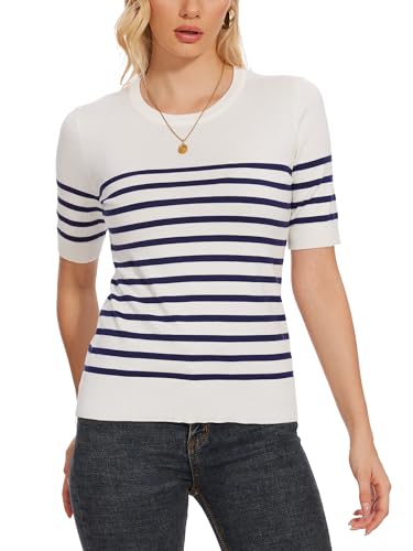 Image of Spicy Sandia Women's Short Sleeve Sweater Casual Knit Pullover Top for Summer Lightweight White and Navy Striped M