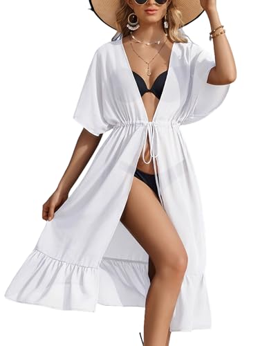 Ekouaer Swimsuit Coverup for Women Summer Beach Cover Ups Sexy Cover Up Mid-Long Beach Kimono Cardigans White M