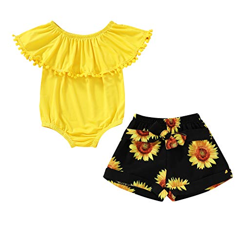 Toddler Baby Girl Flower T-Shirt Tops + Shorts Pants 2PCS Summer Outfits Clothes Set (Sunflower, 12-18 Months)