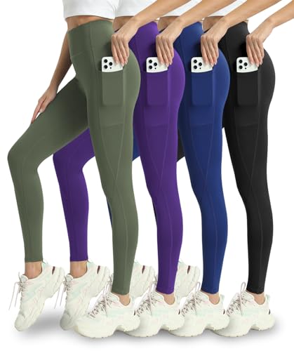 Mlenhor 4 Pack Leggings with Pockets for Women - High Waisted Tummy Control Workout Yoga Pants (US, Alpha, Small, Regular, Regular, 4 Pack-Green/Purple/Blue/Black)