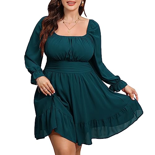 Byinns Women's Plus Size Tie Back Square Neck Mini Dress Long Lantern Sleeve Elastic Waist Wedding Guest Dresses 2023 Peacock Blue