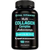 Vital Vitamins Multi Collagen Capsules - Type I, II, III, V, X - Grass-Fed, Collagen Peptides Supplements, Non-GMO - for Men & Women - 150 Count