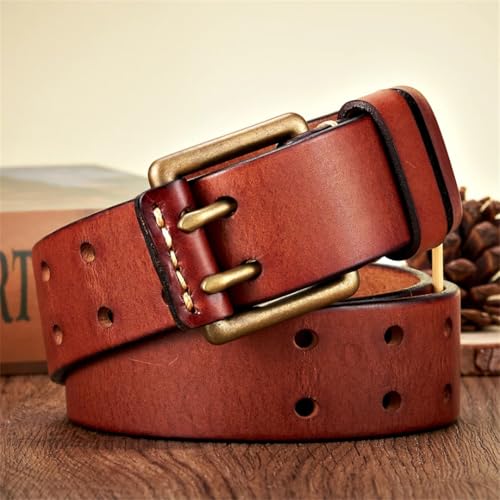 Men’S 3.8Cm Wide Retro Vintage Genuine Leather Belt Copper Double Needle Buckle Handmade Solid Casual Cowboy Jeans Strap4