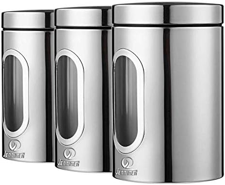 JENNIMER 3PC Kitchen Canister Sugar Food Tea Coffee Candy Storage Jars Stainless Steel with Transparent Windows(Silver)