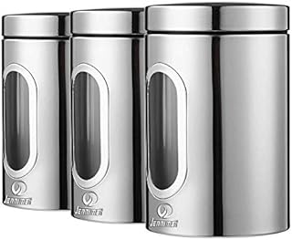 JENNIMER 3PC Kitchen Canister Sugar Food Tea Coffee Candy Storage Jars Stainless Steel with Transparent Windows(Silver)
