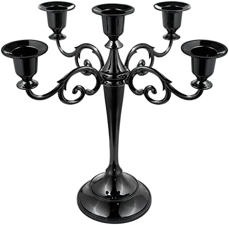 Tiamu Black Metal Candle Holder with 5 Arms Candlestick Gothic Candle Stand, Antique Pillar Candelabra Decor Wedding Christmas Party