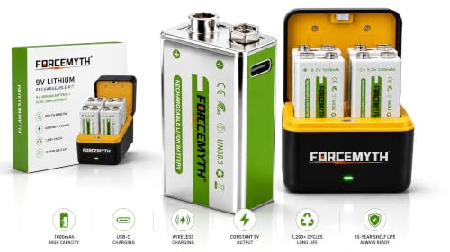 Image of 9V Rechargeable Lithium Battery with Charger, 1000mAh High Capacity, USB-C Direct Charging & Wireless Charging, Stable Output, 1,200+ Recharge Cycles, Long Shelf Life