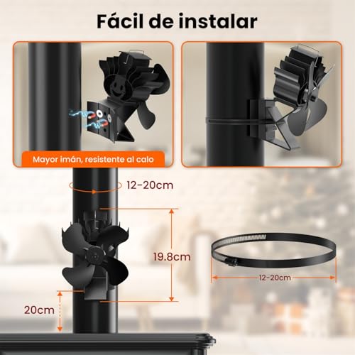 ventilador estufa leña, ventilador chimenea para estufa de leña, 2 en 1 silencioso ventilador chimenea leña sin electricidad,de leña para madera, leña, repuesto - imagen 8