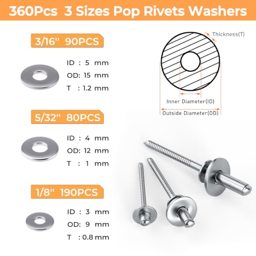 Image of INCLY 720Pcs 304 Stainless Steel Rivets with Washer Assortment Kit | 8 Sizes Pop Rivets, 1 /8 inch, 5 /32 inch, 3 /16 inch, with 3 Sizes Washers, Stainless Rivets for Metal, Automotive, Furniture, DIY Repair