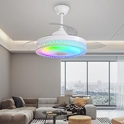 Lampara Ventilador Bluetooth POWROL Ventilador de techo retráctil con luz y altavoz Bluetooth, ventiladores de techo de montaje empotrado con luces RGB a distancia de 6 velocidades 53CM ventilador de techo para la sala de estar