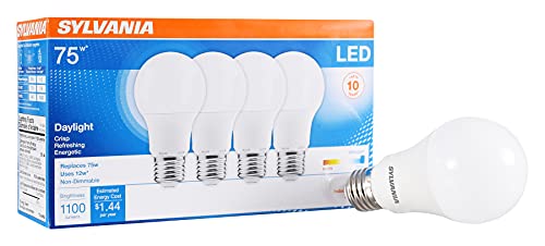 Sylvania LED A19 Light Bulb, 75W Equivalent, Efficient 12W, Medium Base, Frosted Finish, 1100 Lumens, 5000K, Daylight - 4 Pack (78100) by LEDVANCE - Used condition - US$11.48