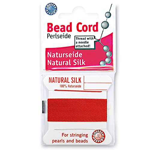Griffin Silk Bead Cord Perlseide – Red Color – Size 4 (0.60Mm) – 2 Meters Per Card – Stainless Steel Needle Attached – For Knotting Pearls, Gemstones, Crystals And Beads #TOP3