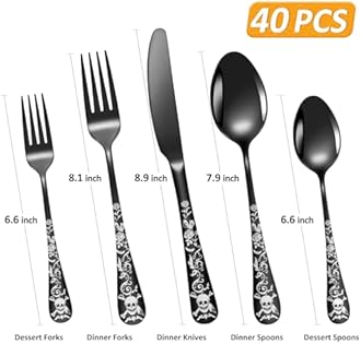 Skull Black Silverware Set for 8, 40-Piece Pirate Rose Flatware Set, Gothic Skeleton Flower Bat Knive Fork Spoon Cutlery Dinnerware for Decoration,Halloween horror,Christmas, Party, Gift,Housewarming