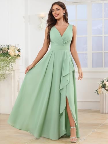 OFEYCHUN Ruffle Bridesmaid Dresses for Women with Slit Long V Neck Chiffon Formal Dress for Wedding3
