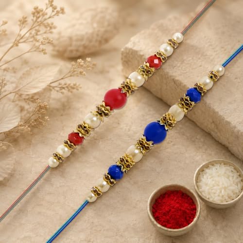 Image of Riddhika Ventures Lavish Pearl and Diamond Ring Bhaiya Bhabhi Rakhi (Set of 2) with Roli Chawal & Greeting Card | Raksha Bandhan Special