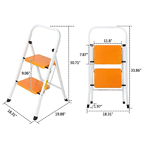 Sturdy Space-Saving 2 Step Iron Ladder Folding Step Stool Lightweight with Anti-Slip Pedal Great for Household and Office use in Compact Design