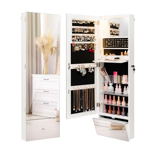 COSTWAY Armadietto Portagioie da Parete, Specchio Portagioie con Luci LED, Organizzer per Gioielli e Accessori, Specchietto Interno e Mensola Pieghevole, 4 Mensole, per Soggiorno Camera da Letto